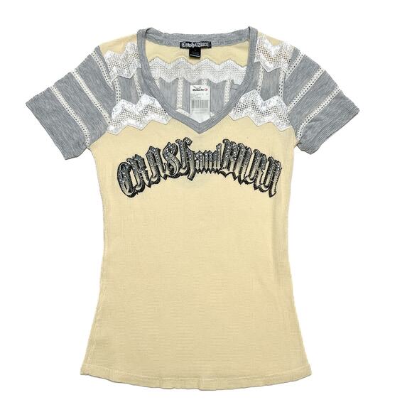 Crash & Burn Logo Shade Thermal Waffle T-Shirt Rhinestone Sequin Women's M NWT - Picture 1 of 11